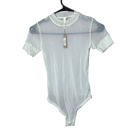 SKIMS Mesh T-Shirt Bodysuit In Bone Women’s Sheer Top Size M NWT - Picture 1 of 8
